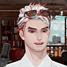 a man with red and white hair wearing sunglasses