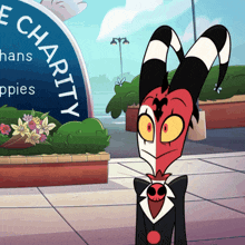 a cartoon character stands in front of a sign that says " hans charity "