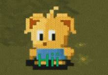 a pixel art drawing of a dog with the word hii in green