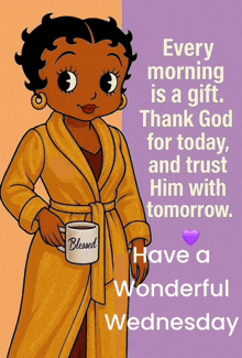 a cartoon of betty boop holding a cup of coffee