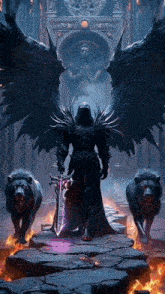 a demon with wings and a sword stands in front of a statue