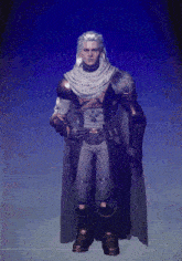 a man with blonde hair is wearing armor and a white cape