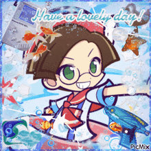 a picture of a girl holding a water gun with the words have a lovely day