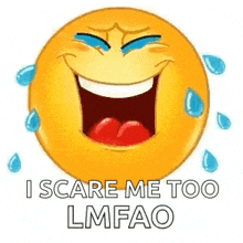 a smiley face with tears coming out of its eyes and the words `` i scare me too lmfao ''