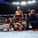a wrestler is laying on the ground with a sign in the background that says not my business
