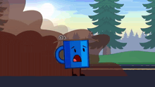 a cartoon drawing of a blue mug with a skateboard on its head