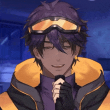 a man with purple hair and goggles is smiling