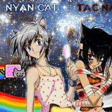 a couple of anime characters standing next to each other with a rainbow in the background
