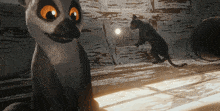 a cartoon lemur and a black cat are standing in a room