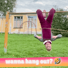 a girl is doing a handstand on a hula hoop with wanna hang out written below her
