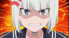 a girl with white hair and blue eyes is making a very angry face and says ' byat ' on the bottom