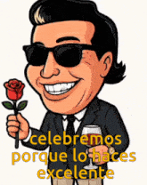 a cartoon man holding a rose and a glass of wine