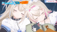 two anime girls sleeping next to each other with the words hololive x tom and jerry in the background