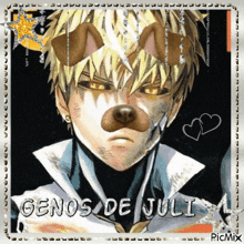 a picture of a man with a dog mask and the words genos de juli