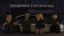 a group of people standing in front of a car with the words belmonde enterprises written above them