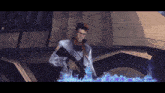 a man in a white jacket holds a gun