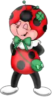 a ladybug is wearing a green bow and holding a green bag