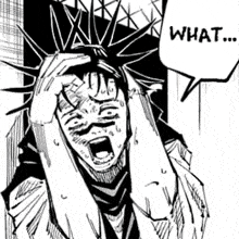 a black and white drawing of a man screaming and holding his head with a speech bubble that says `` what '' .