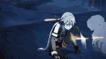 a girl with blue hair is holding a gun in a cartoon scene .