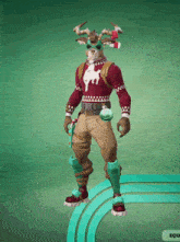 a deer wearing a sweater with a white deer on it