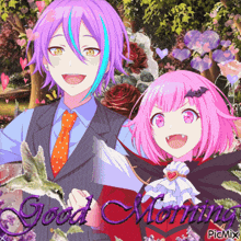 a couple of anime characters standing next to each other with the words " good morning " written on the bottom