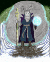a drawing of a rabbit in a robe holding a magic wand