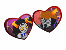 two hearts with cartoon characters on them one of which has the number 66 on it