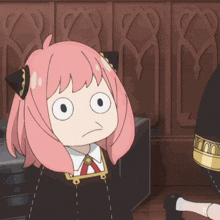 a girl with pink hair and white eyes making a surprised face