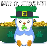 a penguin wearing a leprechaun hat holds a clover in its mouth