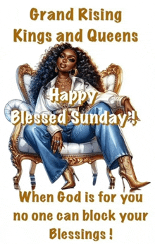 a woman sits in a chair with the words grand rising kings and queens
