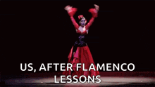 a flamenco dancer in a red dress is dancing on a stage .