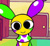 a colorful cartoon character with a polka dot shirt on