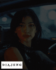a painting of a woman in a car with the word dia jeng on the bottom