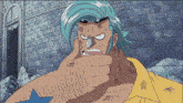 a cartoon character with blue hair and a yellow shirt has a star on his arm