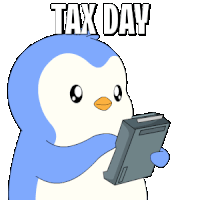 a blue and white penguin is holding a piece of paper and the words tax day are above it
