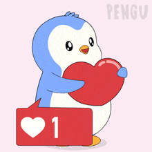 a penguin is holding a heart next to a like button with the number 1 on it