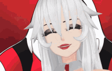 a cartoon character with white hair and red lips smiles with her eyes closed