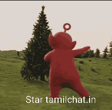 a red teddy bear is dancing in a field with the words star tamilchat.in