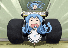 a cartoon girl with blue hair is driving a vehicle with a license plate that says ' gk ' on it