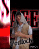 a man wearing a hooded vest with the name podlock on the bottom