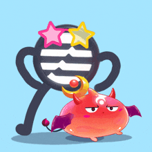 a cartoon illustration of a devil with the word wow written on it