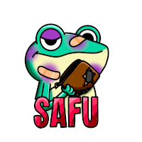 a frog with a bandage on its face is holding a wallet and the word safu is visible below it
