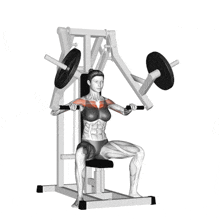 a woman is using a machine to lift a barbell over her shoulders