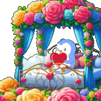 a penguin is holding a heart in a bed surrounded by roses