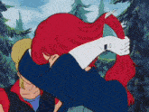 a cartoon drawing of a person holding their red hair