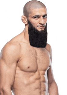 a man without a shirt has a beard on his face
