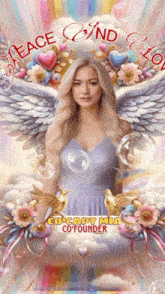 a picture of a woman with wings and the words peace and love on it