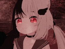 a close up of a girl with red eyes