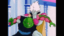 a cartoon character with white hair is holding a green monster