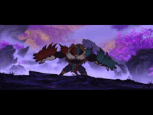 a cartoon drawing of a monster with purple trees in the background